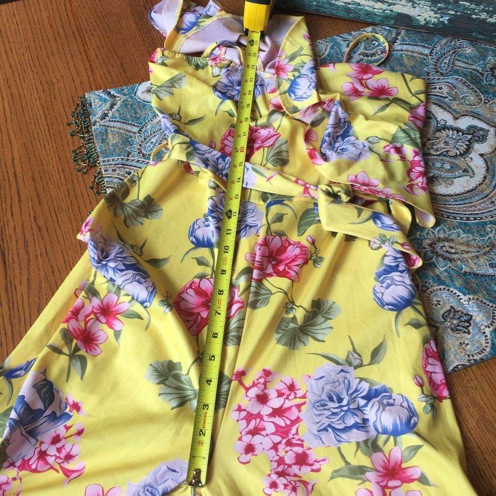 Floral jumpsuit asymetrical wrap top yellow tropical print M - Picture 9 of 11